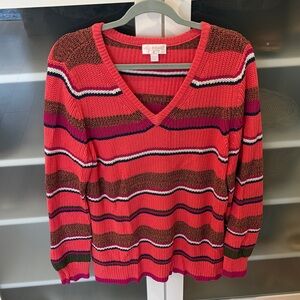 Belle by Kim Gravel Striped V-Neck Sweater - Red, Brown, Pink